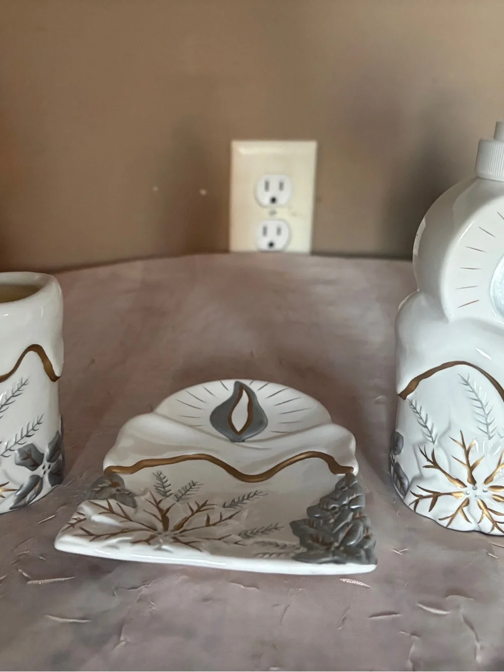 White Ceramic Bathroom Accessory Set with Gold and Silver Accents
